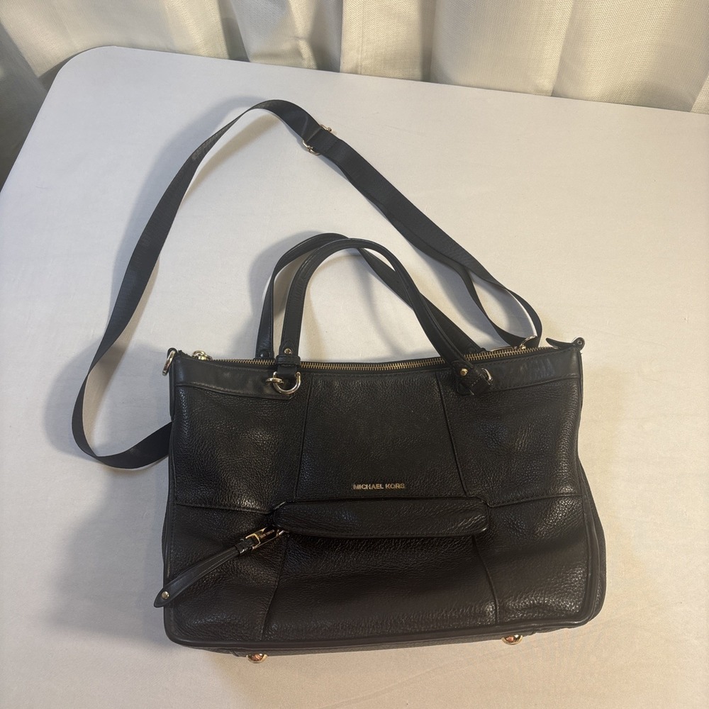 Michael Kors Jesse Large Satchel Shoulder Bag Black Pebble Leather Purse